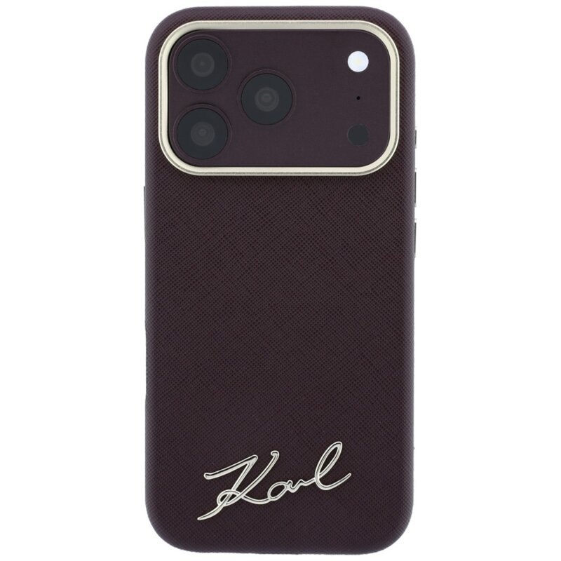 Husa originala iPhone 17 Pro Karl Lagerfeld Saffiano Small Script Metal Logo MagSafe, bordo, KLHMP18L6PWSKSR