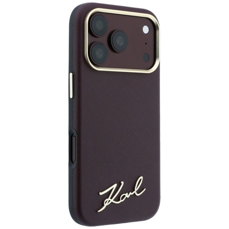 Husa originala iPhone 17 Pro Karl Lagerfeld Saffiano Small Script Metal Logo MagSafe, bordo, KLHMP18L6PWSKSR