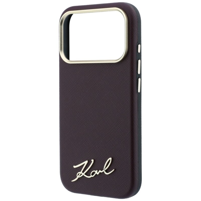 Husa originala iPhone 17 Pro Karl Lagerfeld Saffiano Small Script Metal Logo MagSafe, bordo, KLHMP18L6PWSKSR