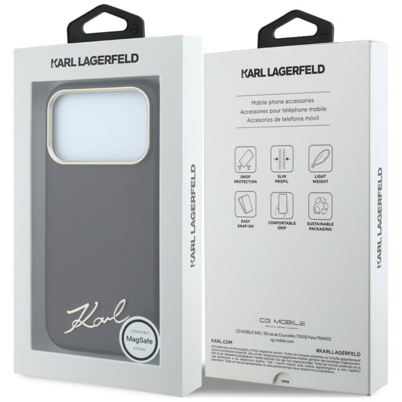 Husa originala iPhone 17 Pro Karl Lagerfeld Saffiano Small Script Metal Logo MagSafe, bordo, KLHMP18L6PWSKSR