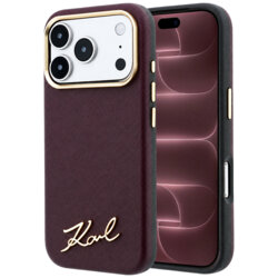 Husa originala iPhone 18 Pro Max Karl Lagerfeld Saffiano Small Script Metal Logo MagSafe, bordo, KLHMP18X6PWSKSR