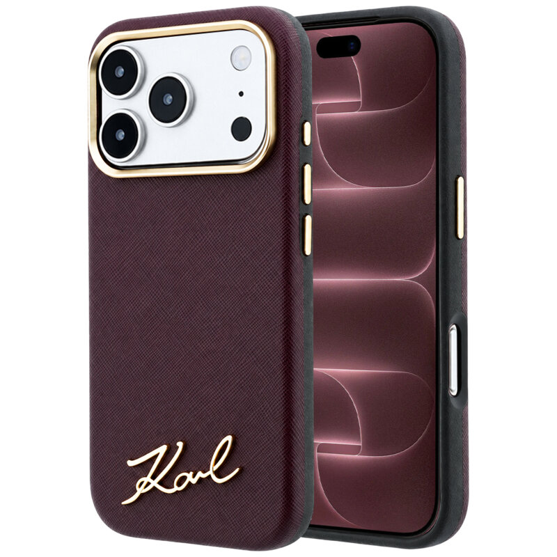 Husa originala iPhone 18 Pro Max Karl Lagerfeld Saffiano Small Script Metal Logo MagSafe, bordo, KLHMP18X6PWSKSR