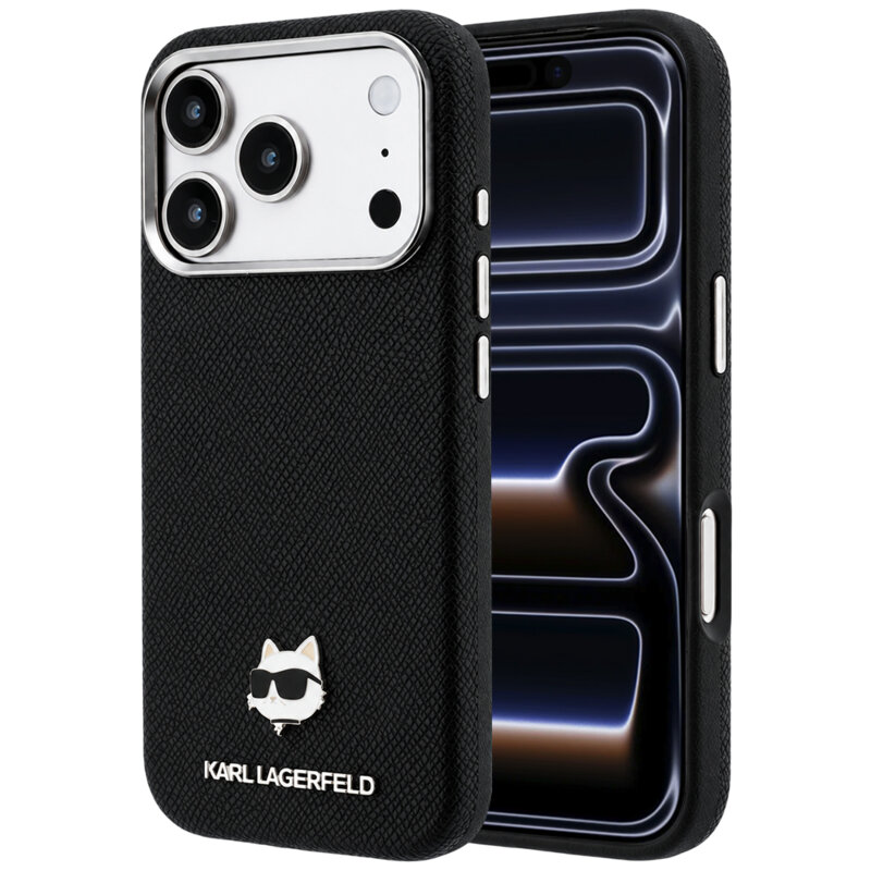 Husa iPhone 17 Pro Karl Lagerfeld Grained Leather Choupette Head MagSafe, negru, KLHMP18L6PSCHLK