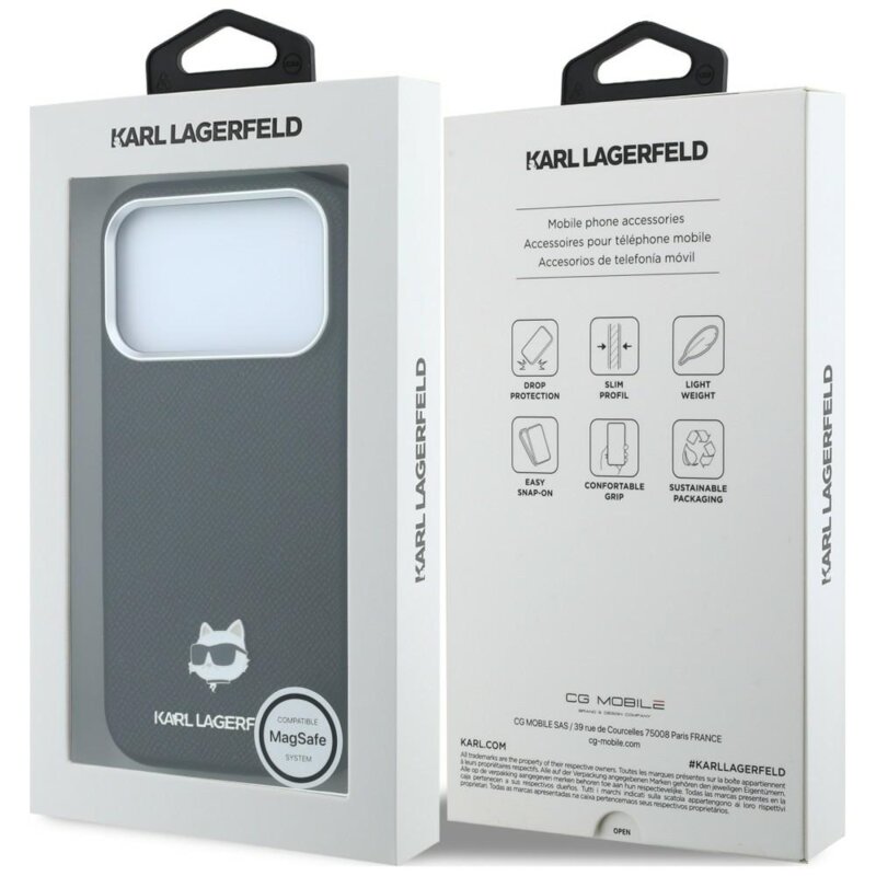 Husa iPhone 17 Pro Karl Lagerfeld Grained Leather Choupette Head MagSafe, negru, KLHMP18L6PSCHLK