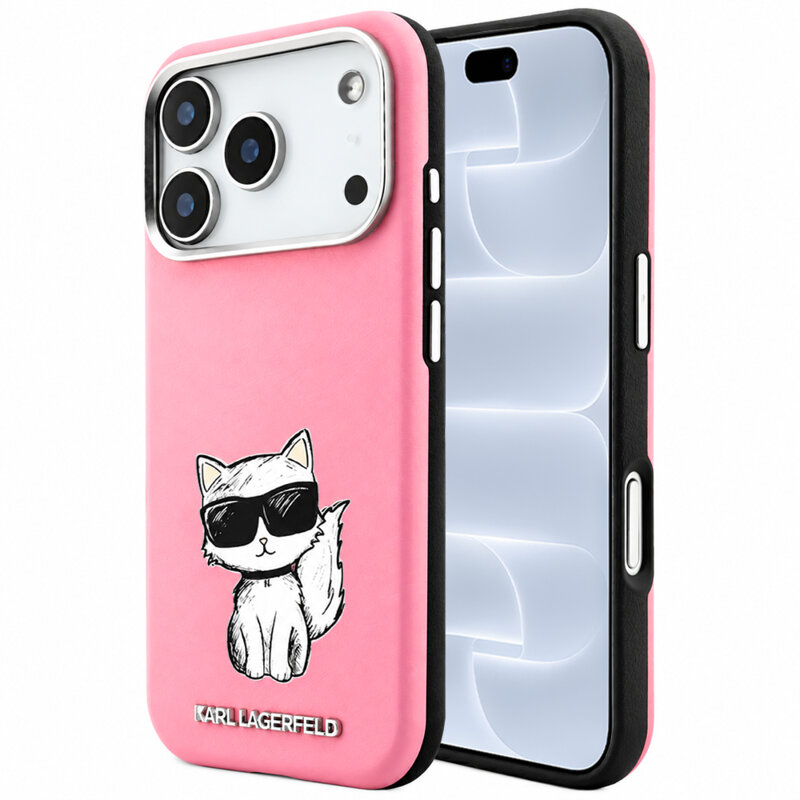 Husa iPhone 18 Pro Karl Lagerfeld Smooth Leather Choupette Sketch MagSafe, roz