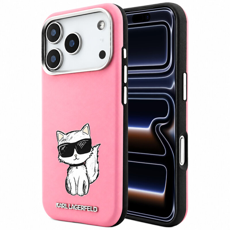 Husa iPhone 17 Pro Karl Lagerfeld Smooth Leather Choupette Sketch MagSafe, roz, KLHMP18L6PWCIKDP