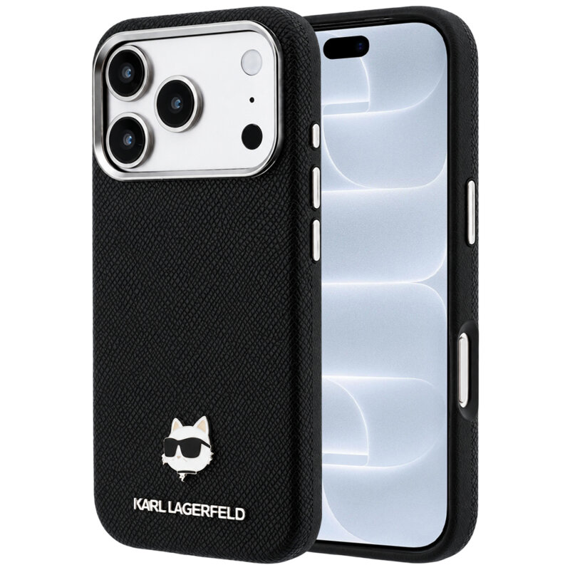 Husa iPhone 18 Pro Karl Lagerfeld Grained Leather Choupette Head MagSafe, negru, KLHMP18L6PSCHLK