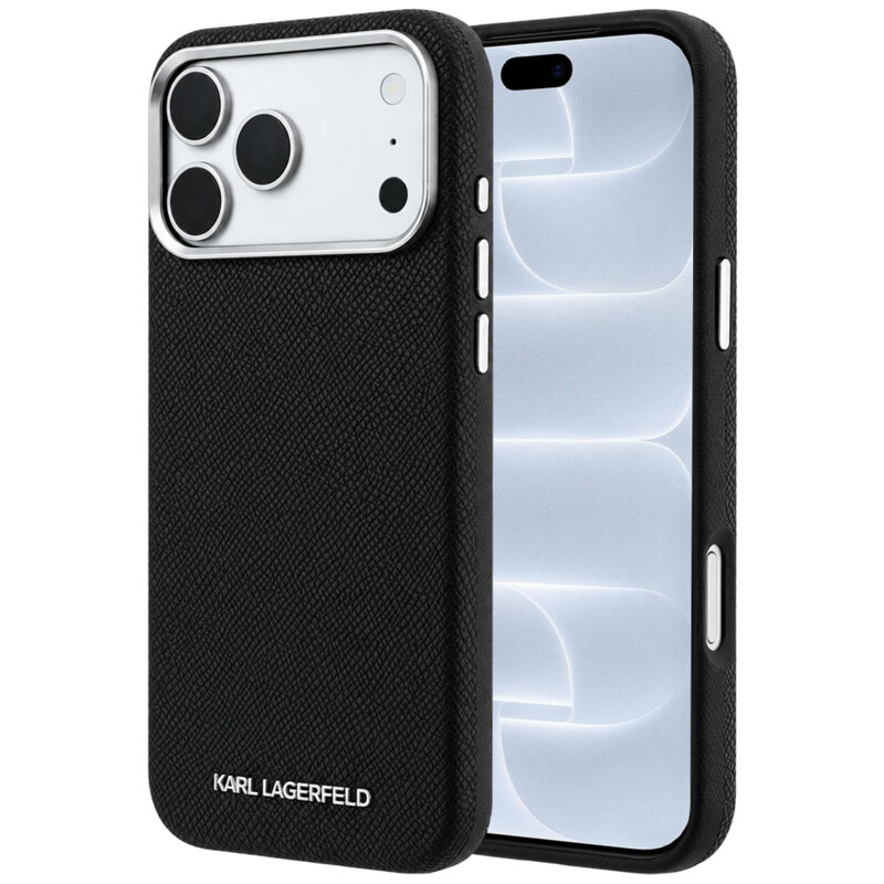 Husa iPhone 18 Pro Karl Lagerfeld Grained Leather Elongated Logo MagSafe, negru