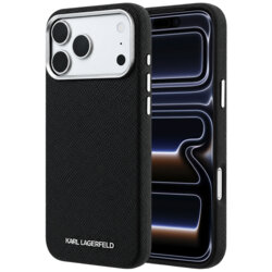 Husa iPhone 17 Pro Karl Lagerfeld Grained Leather Elongated Logo MagSafe, negru