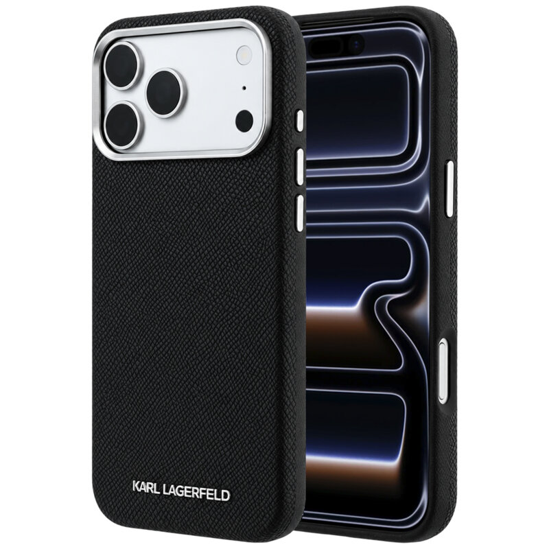 Husa iPhone 17 Pro Karl Lagerfeld Grained Leather Elongated Logo MagSafe, negru