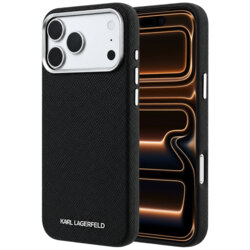 Husa iPhone 17 Pro Max Karl Lagerfeld Grained Leather Elongated Logo MagSafe, negru