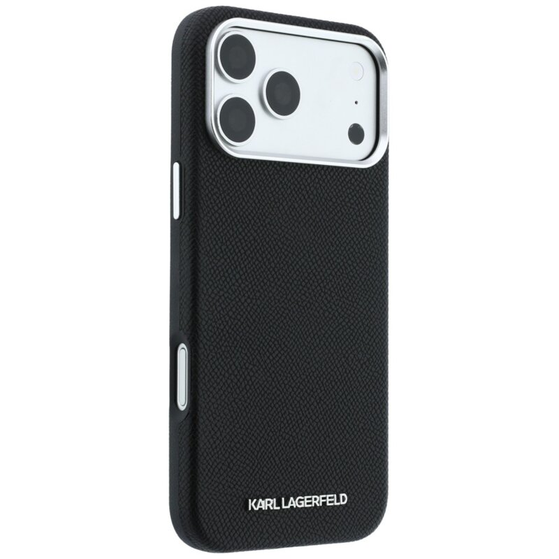 Husa iPhone 17 Pro Max Karl Lagerfeld Grained Leather Elongated Logo MagSafe, negru