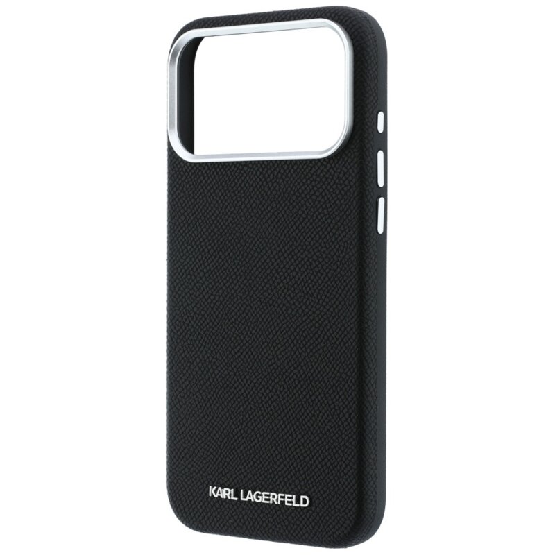 Husa iPhone 17 Pro Max Karl Lagerfeld Grained Leather Elongated Logo MagSafe, negru