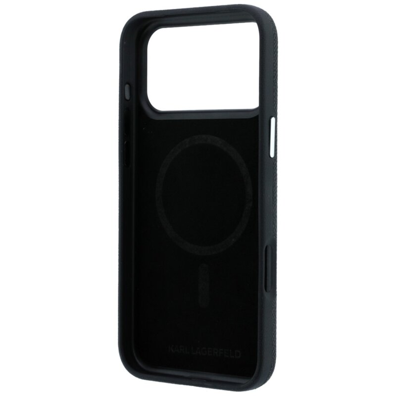 Husa iPhone 17 Pro Max Karl Lagerfeld Grained Leather Elongated Logo MagSafe, negru