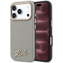 Husa originala iPhone 18 Pro Max Karl Lagerfeld Saffiano Small Script Metal Logo MagSafe, taupe, KLHMP18X6PWSKSE