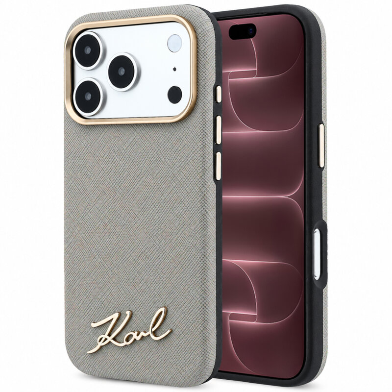 Husa originala iPhone 18 Pro Max Karl Lagerfeld Saffiano Small Script Metal Logo MagSafe, taupe, KLHMP18X6PWSKSE