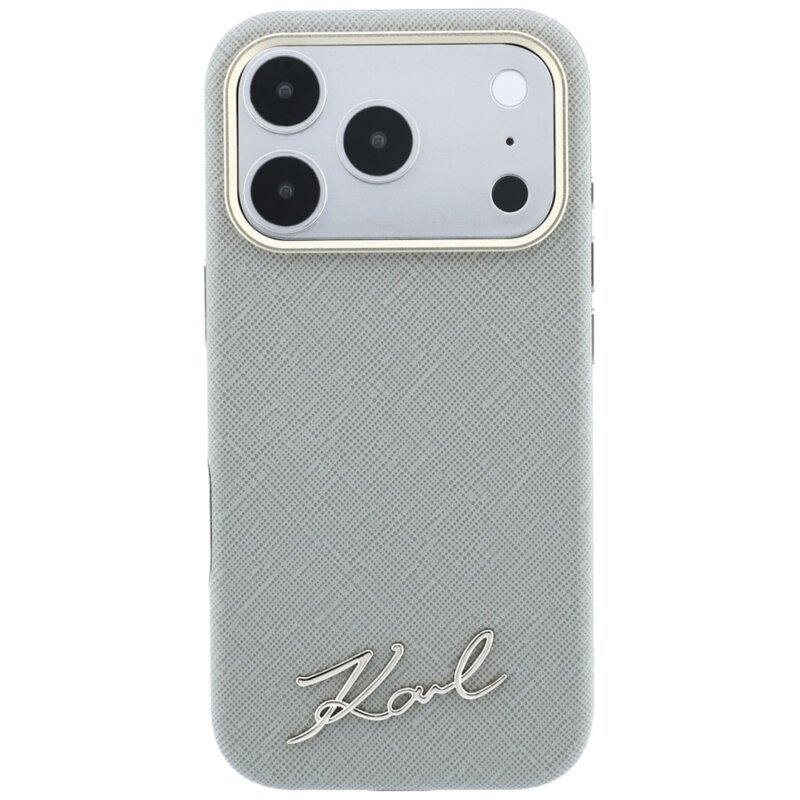 Husa originala iPhone 17 Pro Max Karl Lagerfeld Saffiano Small Script Metal Logo MagSafe, bej, KLHMP18X6PWSKSE