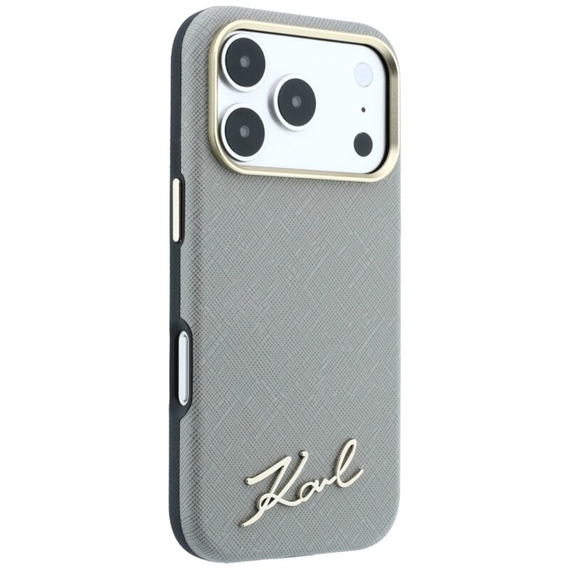 Husa originala iPhone 17 Pro Max Karl Lagerfeld Saffiano Small Script Metal Logo MagSafe, bej, KLHMP18X6PWSKSE