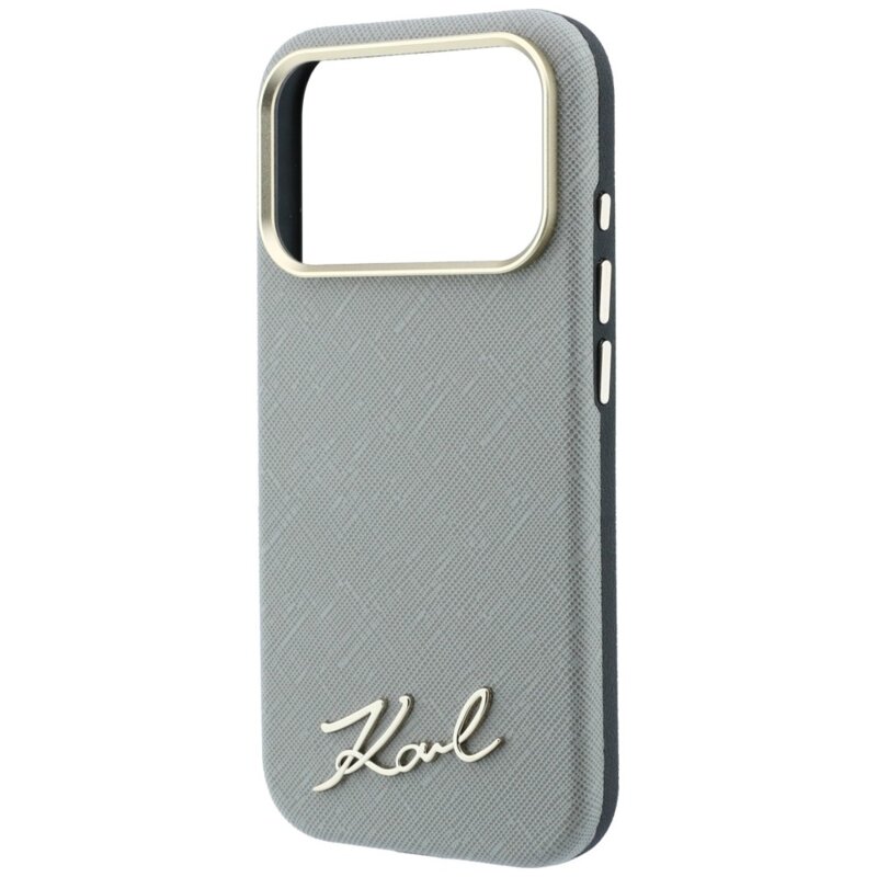 Husa originala iPhone 17 Pro Max Karl Lagerfeld Saffiano Small Script Metal Logo MagSafe, bej, KLHMP18X6PWSKSE