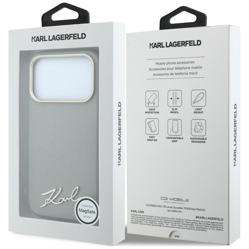 Husa originala iPhone 17 Pro Max Karl Lagerfeld Saffiano Small Script Metal Logo MagSafe, bej, KLHMP18X6PWSKSE