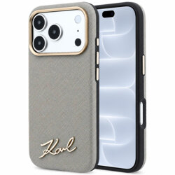 Husa originala iPhone 18 Pro Karl Lagerfeld Saffiano Small Script Metal Logo MagSafe, taupe, KLHMP18L6PWSKSE