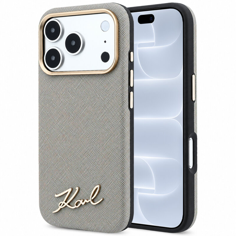 Husa originala iPhone 18 Pro Karl Lagerfeld Saffiano Small Script Metal Logo MagSafe, taupe, KLHMP18L6PWSKSE