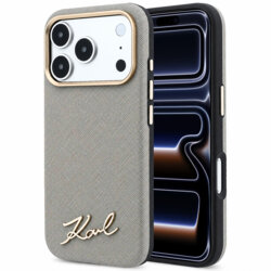 Husa originala iPhone 17 Pro Karl Lagerfeld Saffiano Small Script Metal Logo MagSafe, bej, KLHMP18L6PWSKSE