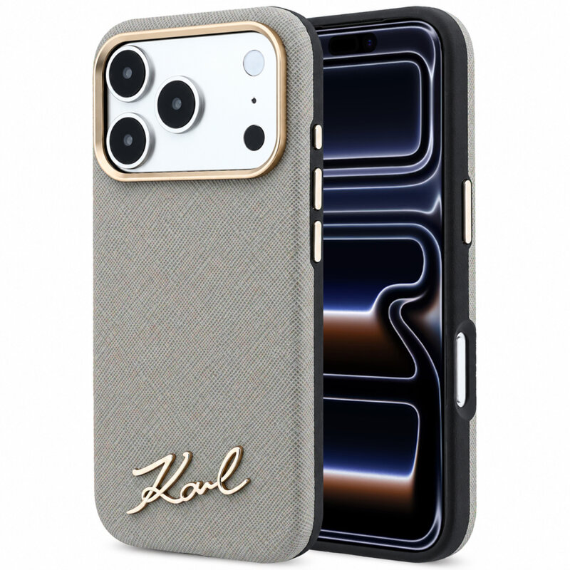 Husa originala iPhone 17 Pro Karl Lagerfeld Saffiano Small Script Metal Logo MagSafe, bej, KLHMP18L6PWSKSE