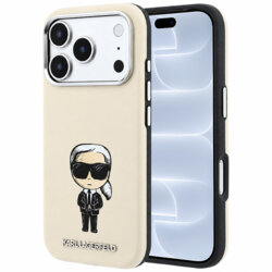 Husa iPhone 18 Pro Karl Lagerfeld Smooth Leather Ikonik Sketch MagSafe, bej