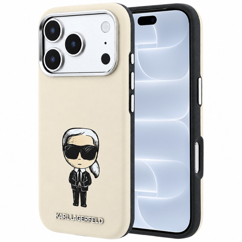 Husa iPhone 18 Pro Karl Lagerfeld Smooth Leather Ikonik Sketch MagSafe, bej