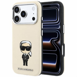 Husa iPhone 17 Pro Karl Lagerfeld Smooth Leather Ikonik Sketch MagSafe, bej