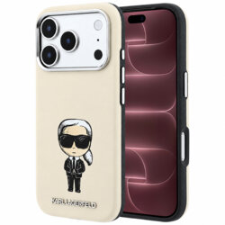 Husa iPhone 18 Pro Max Karl Lagerfeld Smooth Leather Ikonik Sketch MagSafe, bej, KLHMP18X6PWKIKDE