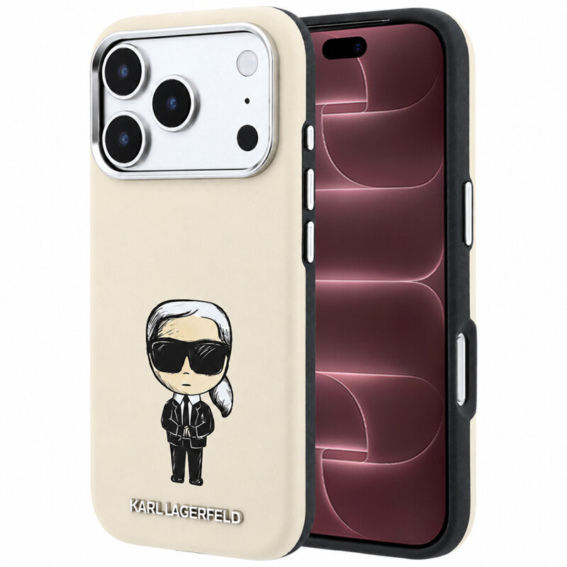 Husa iPhone 18 Pro Max Karl Lagerfeld Smooth Leather Ikonik Sketch MagSafe, bej, KLHMP18X6PWKIKDE