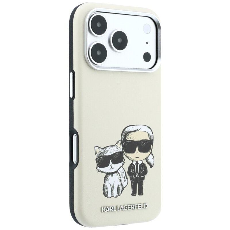 Husa iPhone 18 Pro Karl Lagerfeld Smooth Leather KC Bodies Sketch MagSafe, bej
