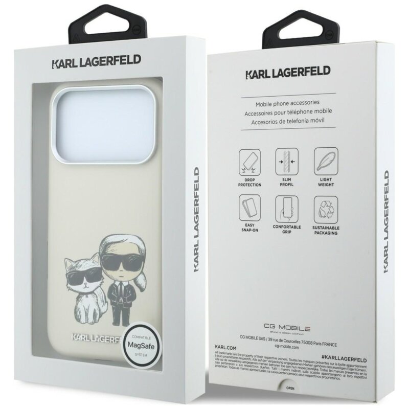 Husa iPhone 18 Pro Karl Lagerfeld Smooth Leather KC Bodies Sketch MagSafe, bej