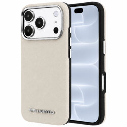 Husa iPhone 18 Pro Karl Lagerfeld Grained Leather Elongated Logo MagSafe, bej