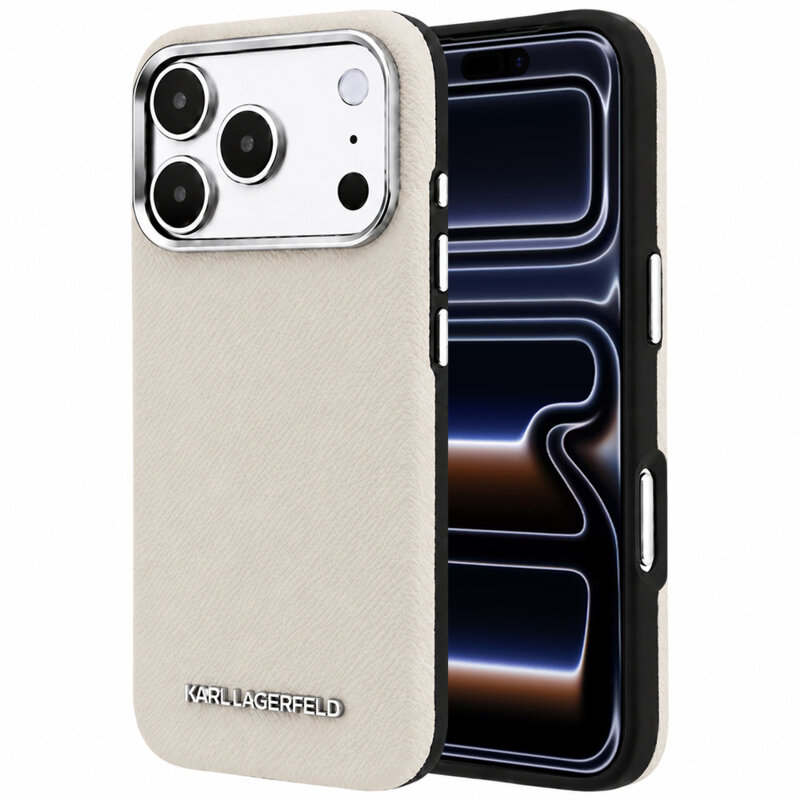 Husa iPhone 17 Pro Karl Lagerfeld Grained Leather Elongated Logo MagSafe, bej