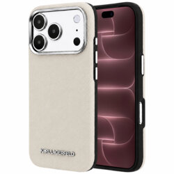 Husa iPhone 18 Pro Max Karl Lagerfeld Grained Leather Elongated Logo MagSafe, bej