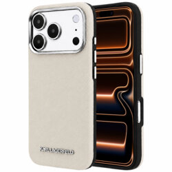 Husa iPhone 17 Pro Max Karl Lagerfeld Grained Leather Elongated Logo MagSafe, bej