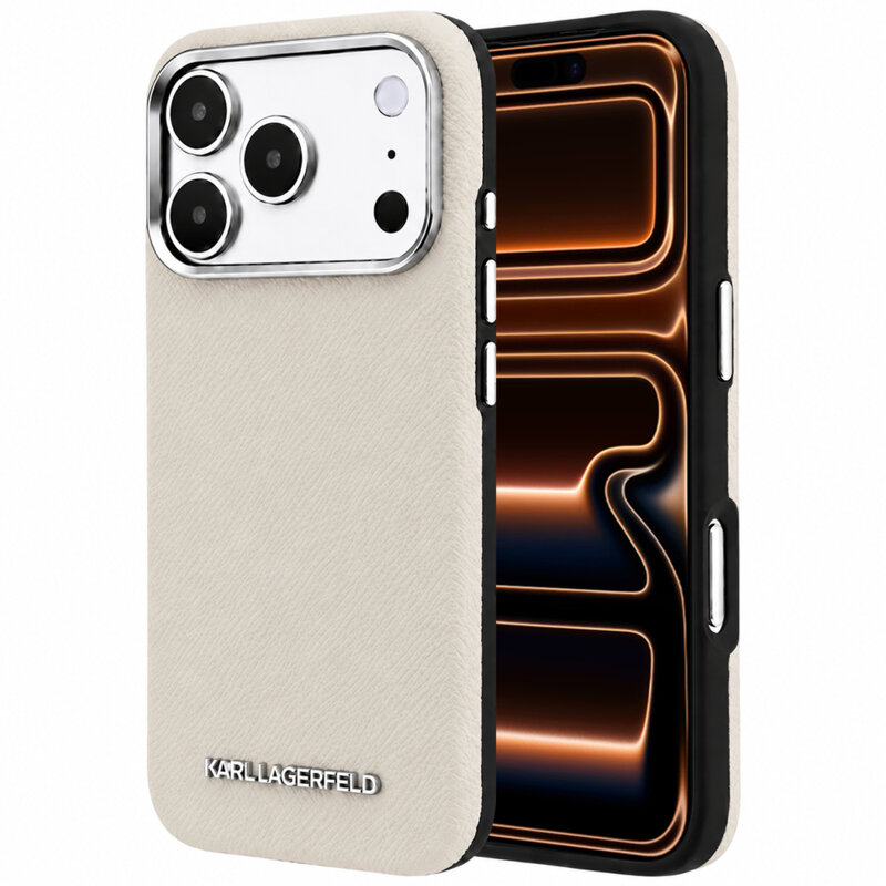 Husa iPhone 17 Pro Max Karl Lagerfeld Grained Leather Elongated Logo MagSafe, bej