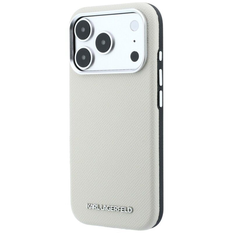 Husa iPhone 17 Pro Max Karl Lagerfeld Grained Leather Elongated Logo MagSafe, bej