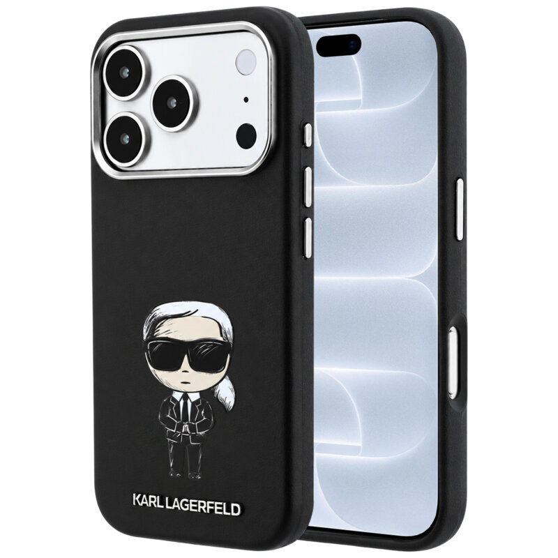 Husa iPhone 18 Pro Karl Lagerfeld Smooth Leather Ikonik Sketch MagSafe, negru