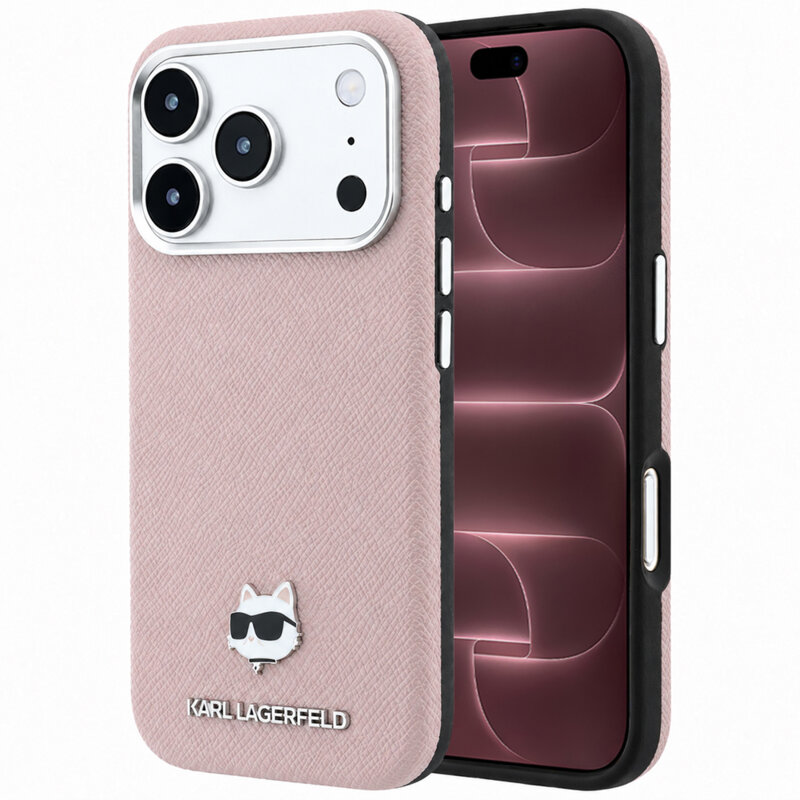 Husa iPhone 18 Pro Max Karl Lagerfeld Grained Leather Choupette Head MagSafe, roz, KLHMP18X6PSCHLP