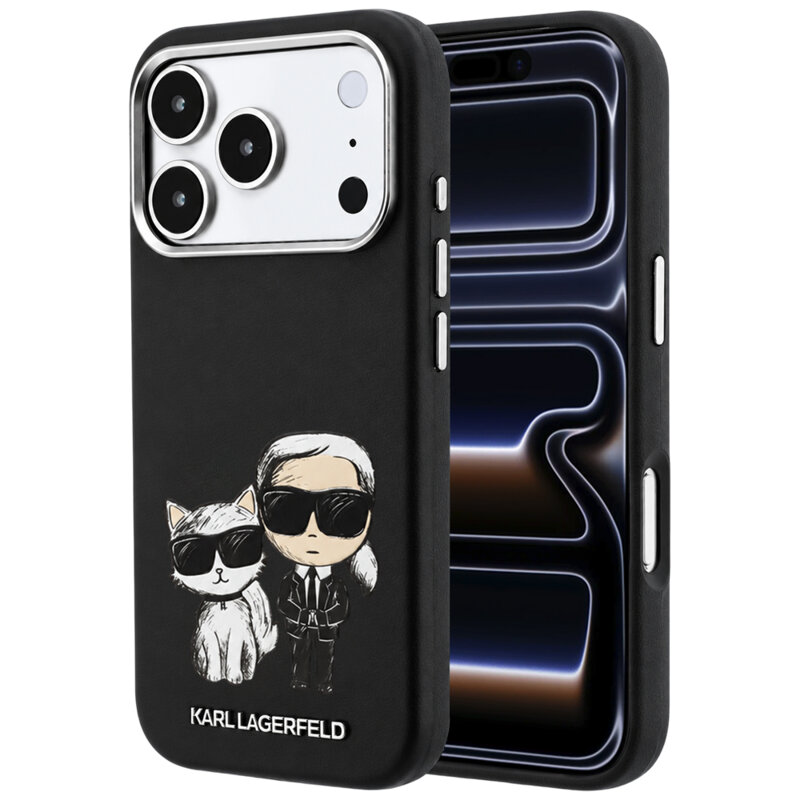 Husa iPhone 17 Pro Karl Lagerfeld Smooth Leather KC Bodies Sketch MagSafe, negru