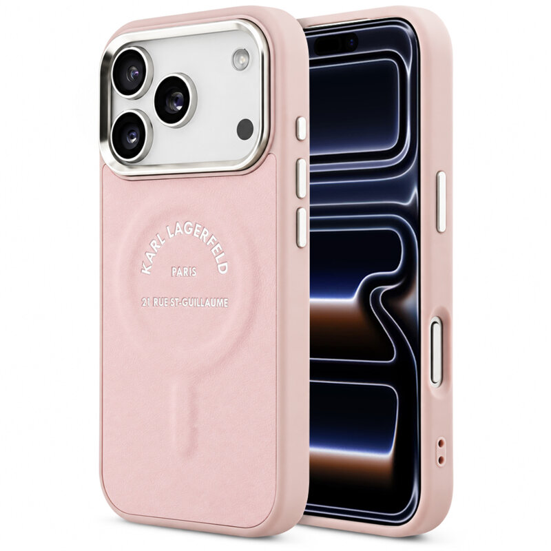 Husa iPhone 17 Pro Karl Lagerfeld Leather Ring Karl RSG Logo MagSafe, roz, KLHMP18LPSKRSGEP