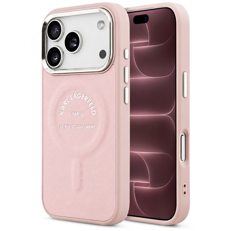 Husa iPhone 18 Pro Max Karl Lagerfeld Leather Ring Karl RSG Logo MagSafe, roz, KLHMP18XPSKRSGEP