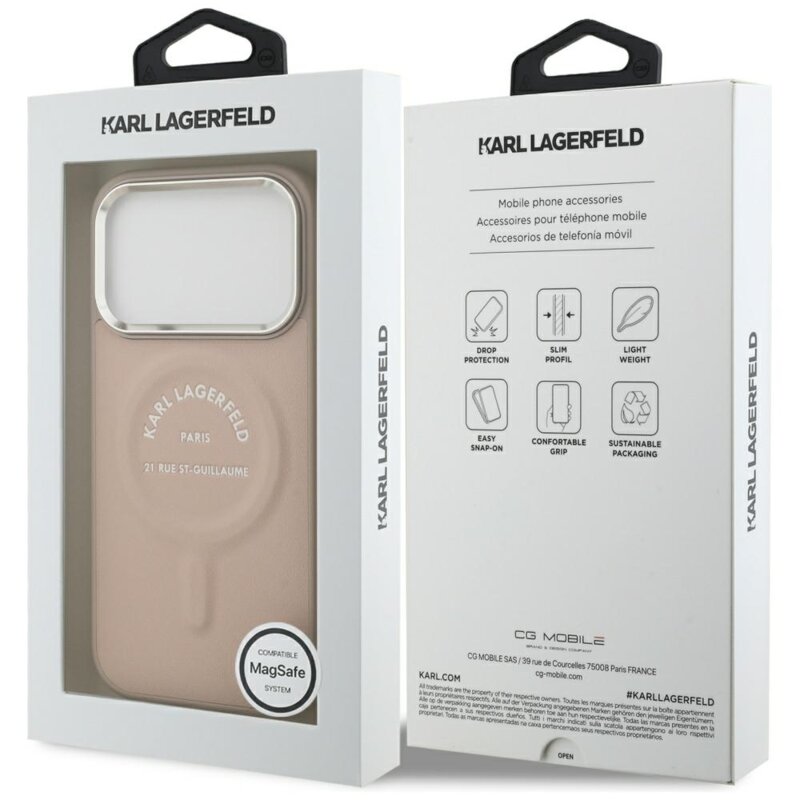 Husa iPhone 17 Pro Max Karl Lagerfeld Leather Ring Karl RSG Logo MagSafe, roz, KLHMP18XPSKRSGEP