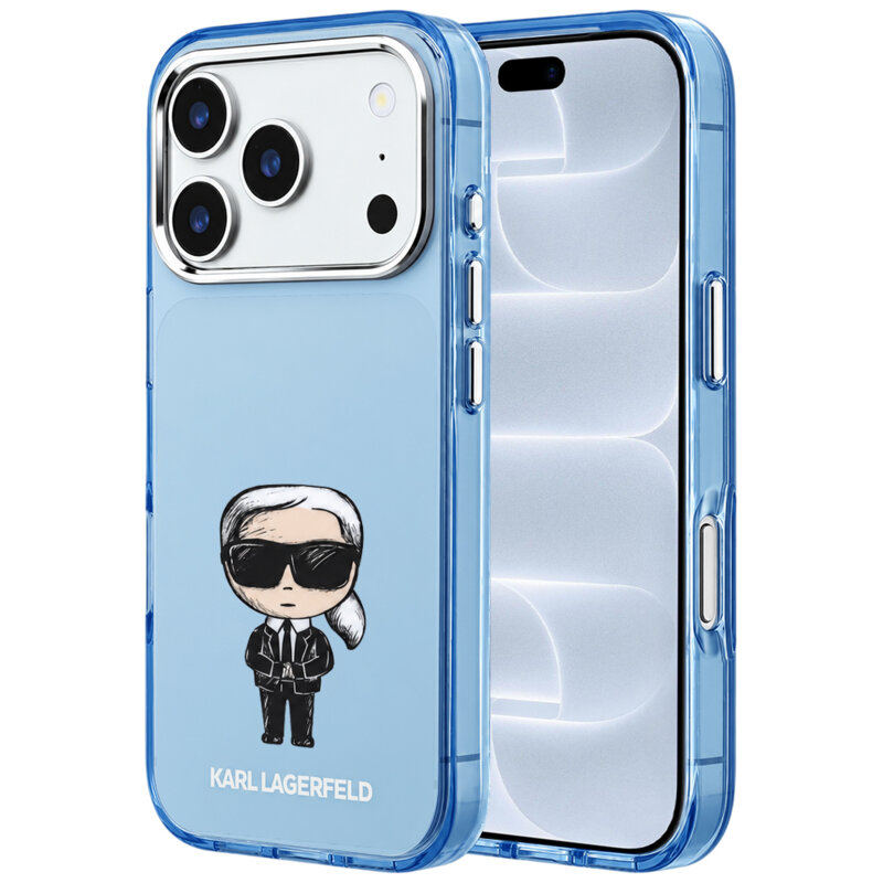 Husa iPhone 18 Pro Karl Lagerfeld IML Ikonik Sketch Print MagSafe, bleu