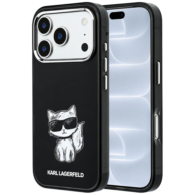 Husa iPhone 18 Pro Karl Lagerfeld IML Choupette Body Sketch Print MagSafe, negru