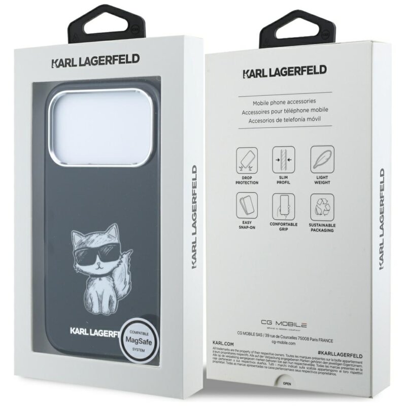 Husa iPhone 17 Pro Max Karl Lagerfeld IML Choupette Body Sketch Print MagSafe, negru
